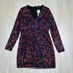 French Connection Inari Embellished Sequin Long Sleeve Deep V-Neck Mini Dress 10